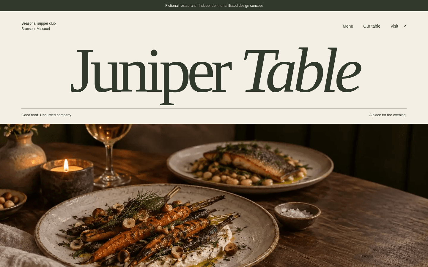The Juniper Table sample homepage: supper-table photograph, restaurant name, and menu and visit navigation.