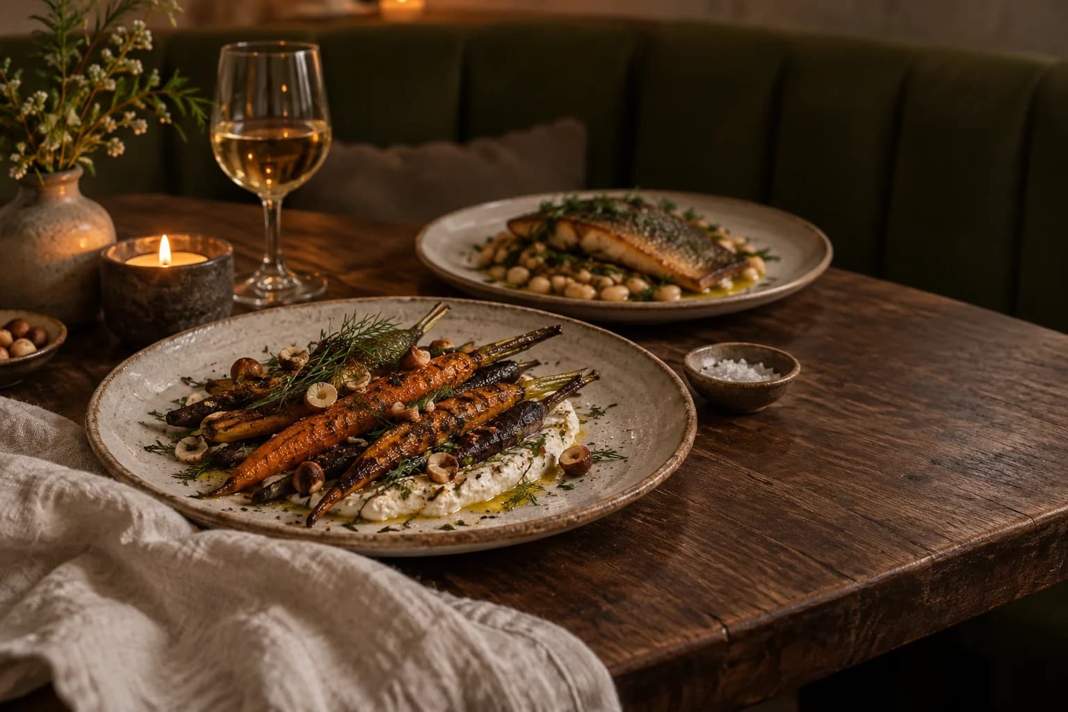 Imagined supper table with charred carrots, trout, linen and candlelight